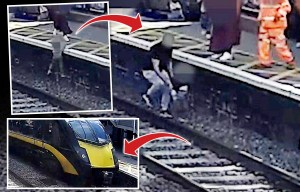 Heart-stopping moment boy, 3, falls on railway line before train thunders past