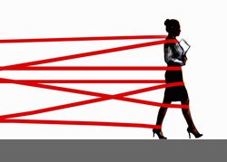 Graphic rendering of a businesswoman being held back by red tape.
