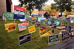 Political signs on a large lawn.