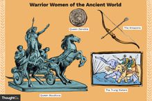 A sculpture of Queen Boudicca, a coin with the face of Queen Zenobia, a bow and arrow representing the Amazons, and a painting of the Trung Sisters