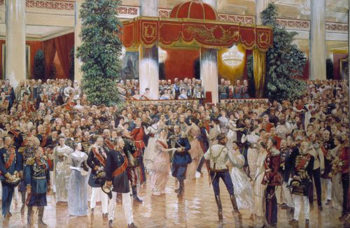 A painting of a ballroom filled with men in dress uniforms and women in ballgowns