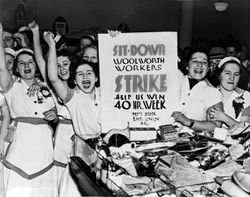 Striking Woolworth’s workers demonstrating in 1937