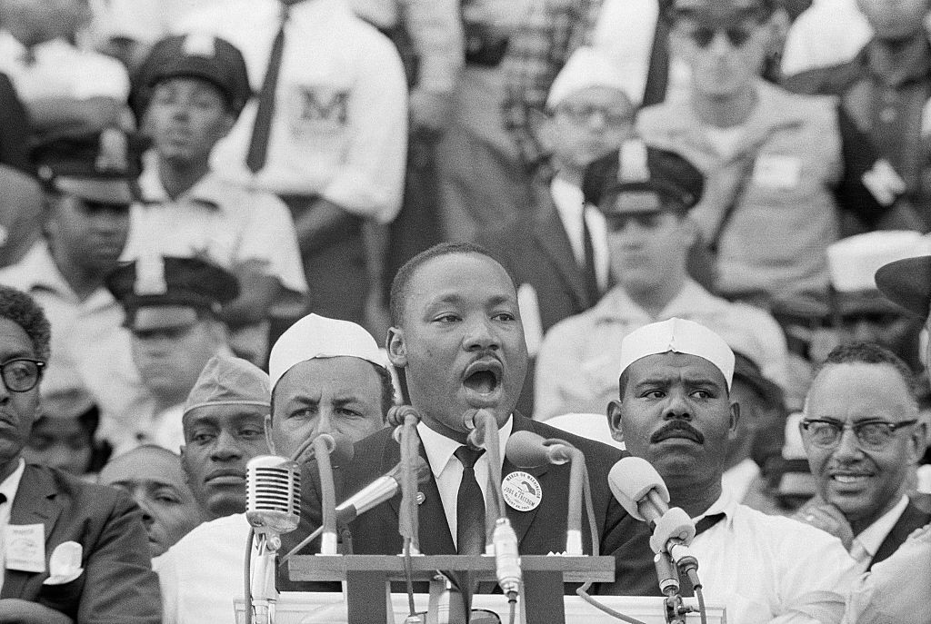 Dr. Martin Luther King, Jr. delivers his famous "I Have a Dream" speech in front of the Lincoln Memorial during the Freedom March on Washington in 1963.