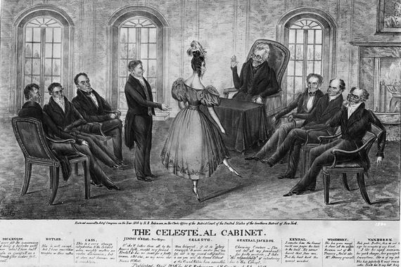 President Andrew Jackson and his cabinet succumb to the charms of 'Celeste', a dainty figure representing Peggy O'Neil, the wife of War Secretary John Eaton.