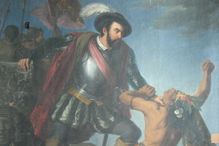 Painting depicting Hernan Cortes subjugating Native Americans.