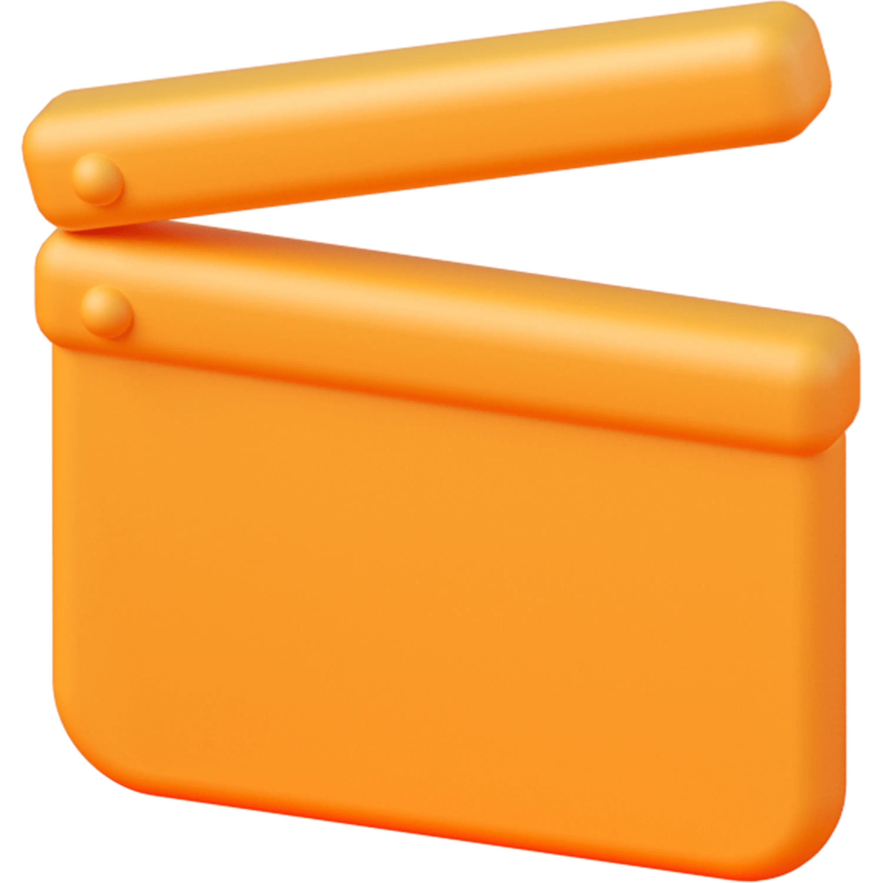 A 3D orange-red movie marker clapper icon.