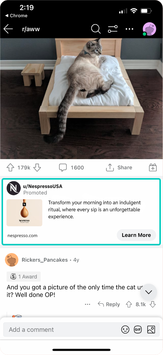 an example of a conversation placement ad on reddit mobile
