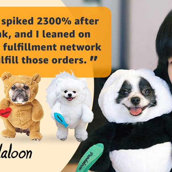 An image of Pandaloon founder, Eugenia Chen, she is holding her dog who is wearing a panda costume. There are images of several other dogs wearing Pandaloon costumes overlayed on the image, and text that reads "Our sales spiked 2300% after Shark Tank, and I leaned on Amazon's fulfillment network to help fulfill those orders." 