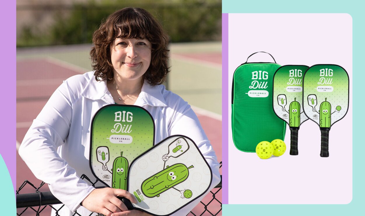 A photo of Katy Luxem, Founder & CEO of Big Dill Pickleball holding pickleball paddles on a court. 