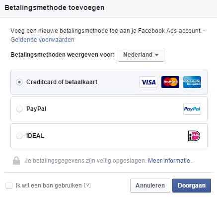 Facebook adverteren betalingsmethode toevoegen iDEAL creditcard PayPal en Facebook bon