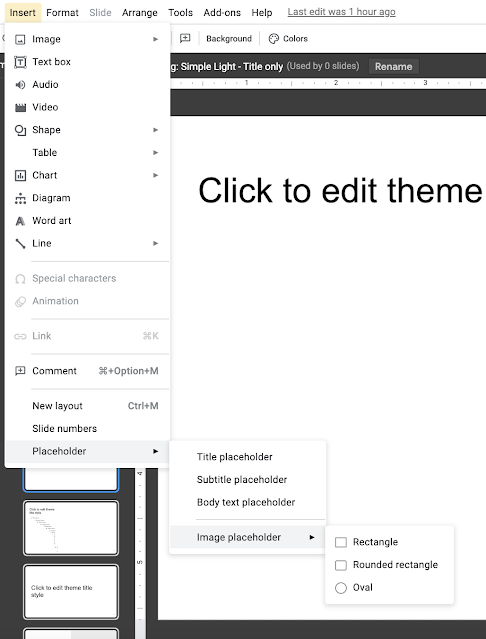 Image placeholders can be inserted from the Theme Builder View through the Insert menu.
