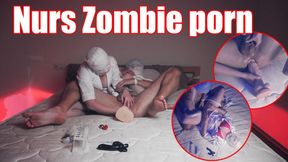 A zombie nurse fucks a test subject tied to a bed in the ass, drives him into a frenzy and the man fucks her hard in doggy style