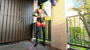 Pierced Latex Girl: Public Balcony Dildo Fucking and Dick Sucking Part 2