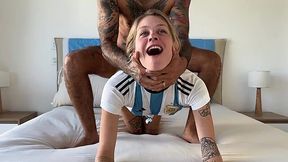 Soccer fan girl sucks big cock and fucks with big guy in different poses