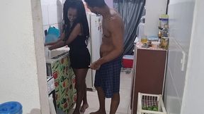 naughty husband finds his wife in the kitchen and wants to fuck her