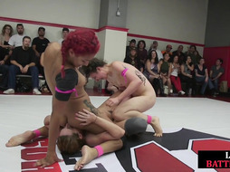 Defeated lesbian wrestler facesitted in public 3some fight