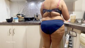 Beautiful Indian wife teases in lingerie while cooking