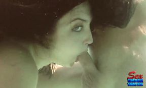 Outdoor underwater blowjob in pool with exotic brunettes - cum in mouth