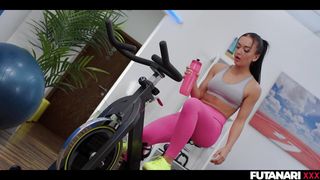 Hot futa brunette explodes with cum in the gym