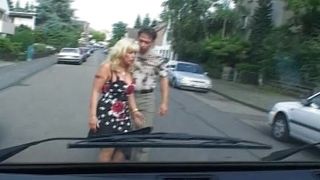 Busty and old German slut eating warm cum in the back of the car