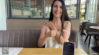 Eva cumming hard in public restaurant thru with Lovense Ferri remote controlled vibrator