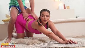 Pretty Curvy Latina Teen Lets a Kinky Yoga Instructor Cum On Her Plump Butt After Drilling Her Pussy