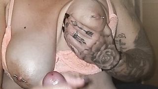 British sexy tattooed bbw oily handjob big pierced tits squeezes them hard