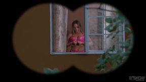 A pervy neighbor in a mask satisfies his hot neighbor Rachele Richey