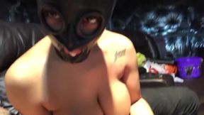 Mask slave wife in training sucking and jerking cock with mask on