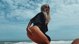 Me- Blonde Girl Masturbates at Public Nudist Beach, strokes a Guys Dick with Feet, Cumshot, Foot fetish