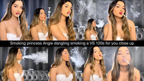 Smoking princess Angie dangling smoking a VS 120s for you close up in a lovely white dress! Nose exhales, multi pumps, side view - store