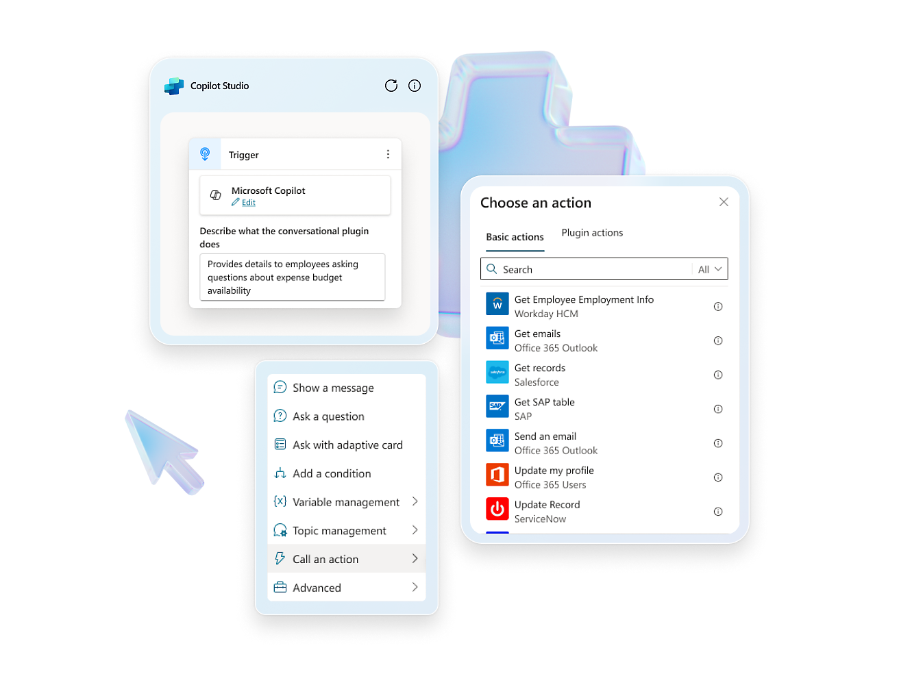 Screenshot showing choosing an action while creating a workflow in Copilot Studio