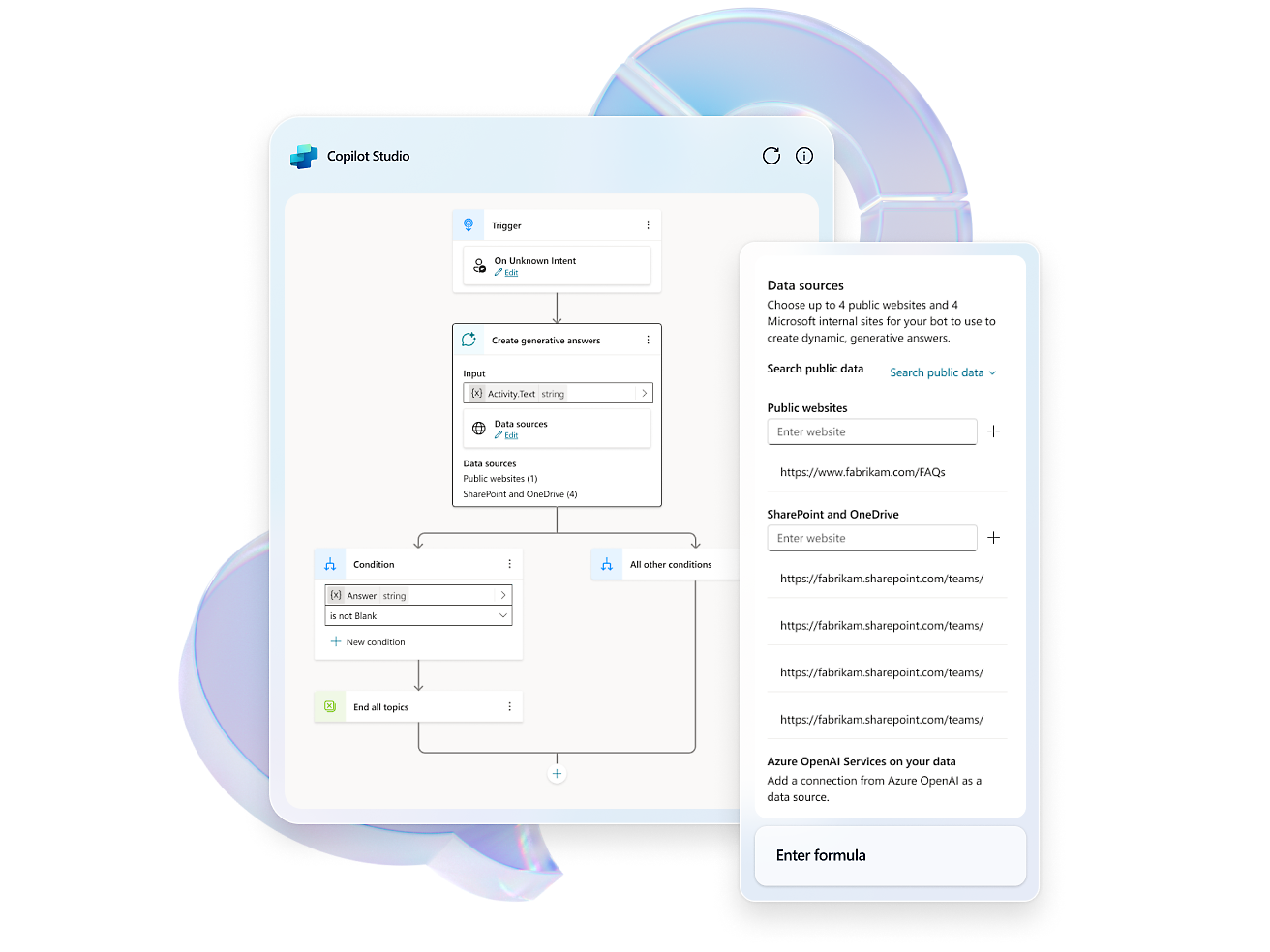 A screenshot showing choosing a data source while building a conversation in Copilot Studio