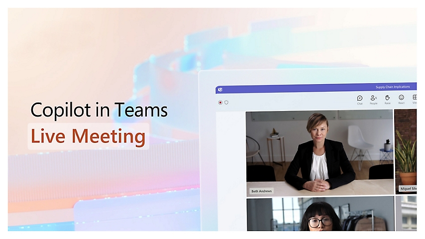 Windows showing Microsoft teams video call and a banner displaying copilot in teams live meeting