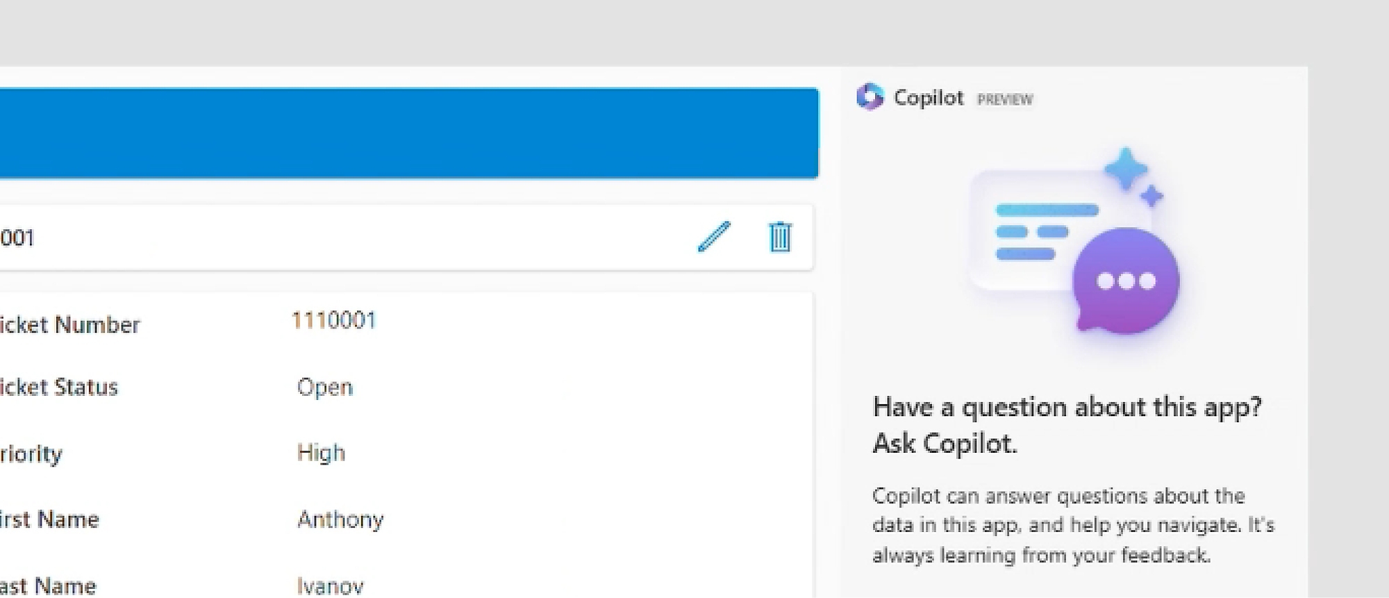 A screenshot of Copilot in Power Apps