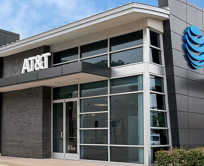 A at&t store with a blue and black sign.