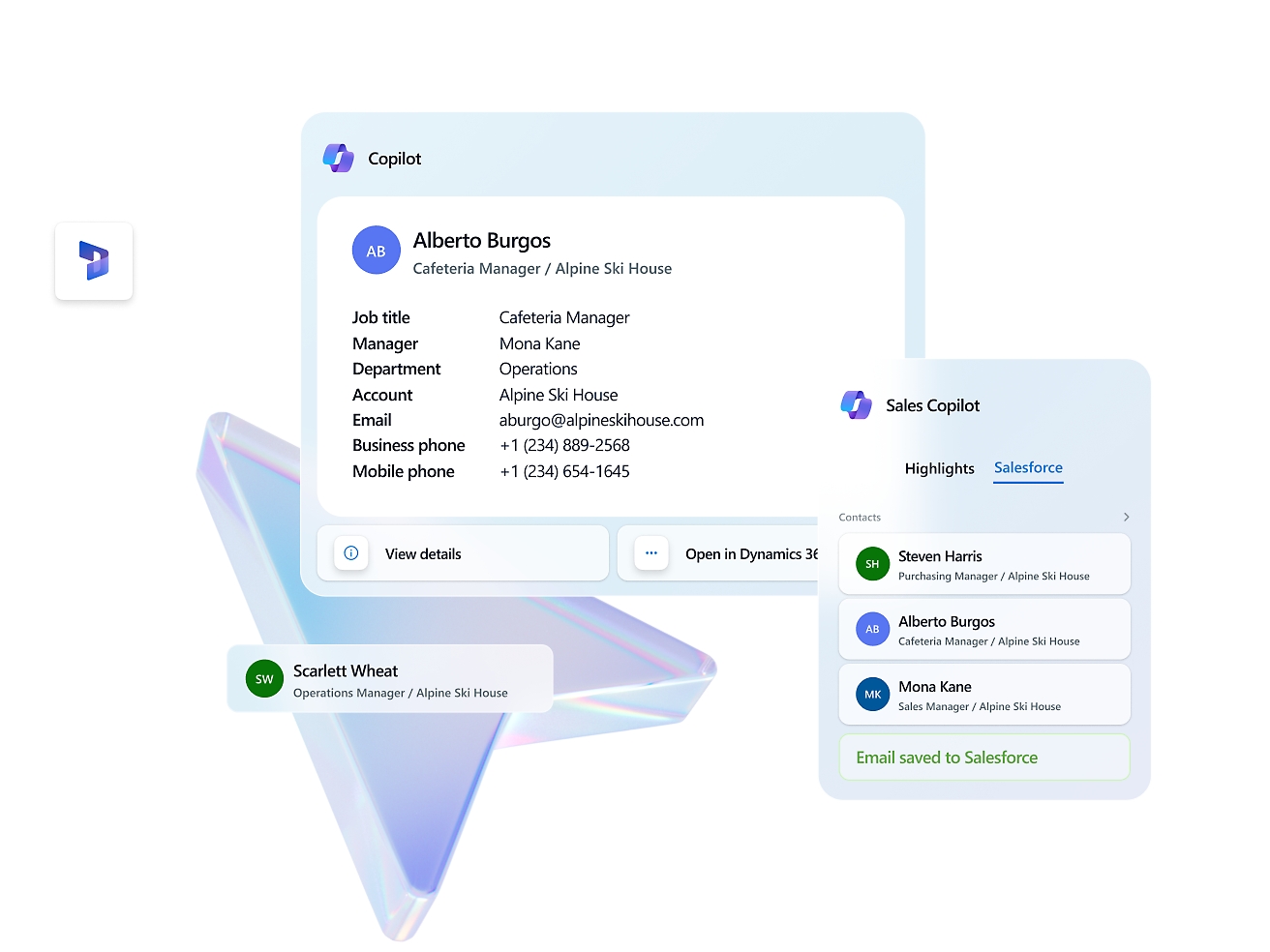 Multiple dialog boxes showing copilot and sales copilot with salesforce information in it