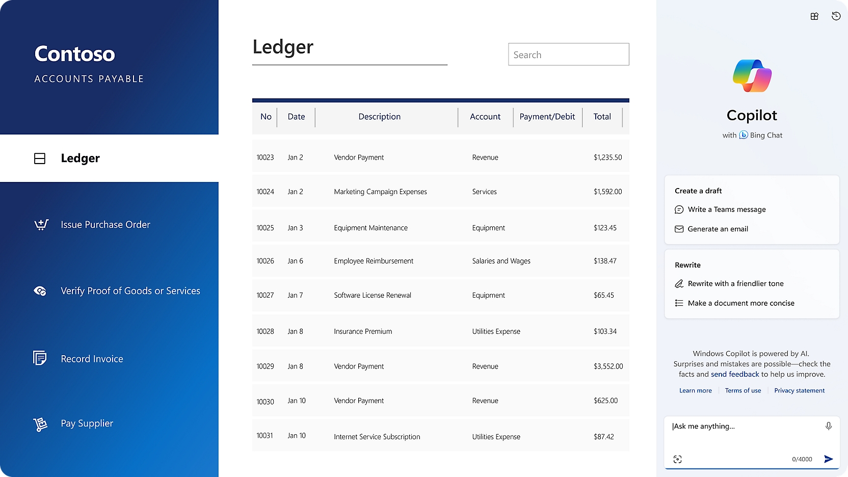 Window showing Contoso Ledger in list view.