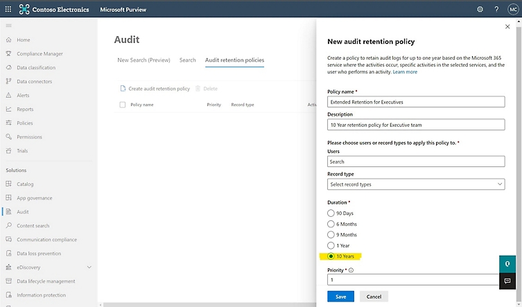 Screenshot of retention policy options dashboards.