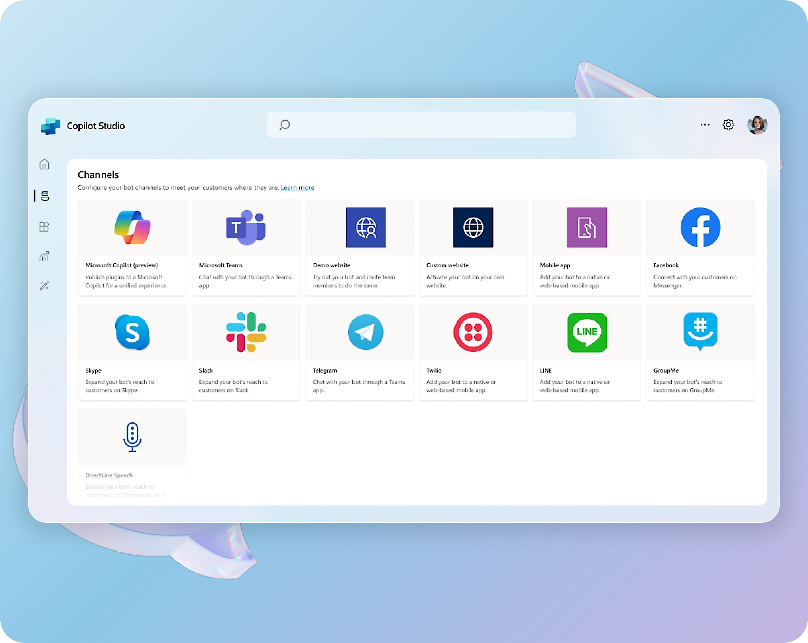 Copilot Studio: Configure bot channels, Microsoft Copilot (preview), Teams, Facebook, LINE, Skype, Telegram, Twilio