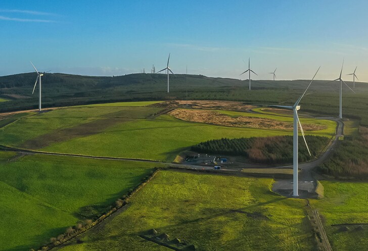 A wind farm in a green field.