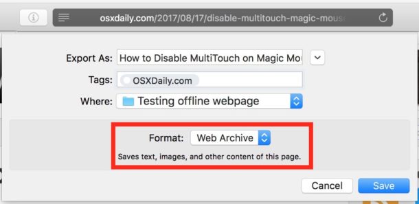 Choose Web Archive as the save format