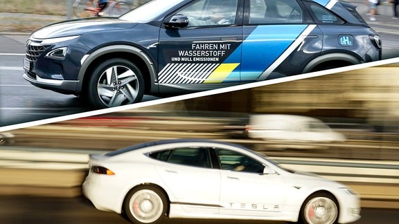 Geteiltes Bild: Oben ein Auto wie ein SUV im Stadtverkehr mit Wasserstoff-Antrieb-Werbung, unten ein weißer Tesla, eine flache Limousine beim Fahren mit viel Bewegungsunschärfe drum herum