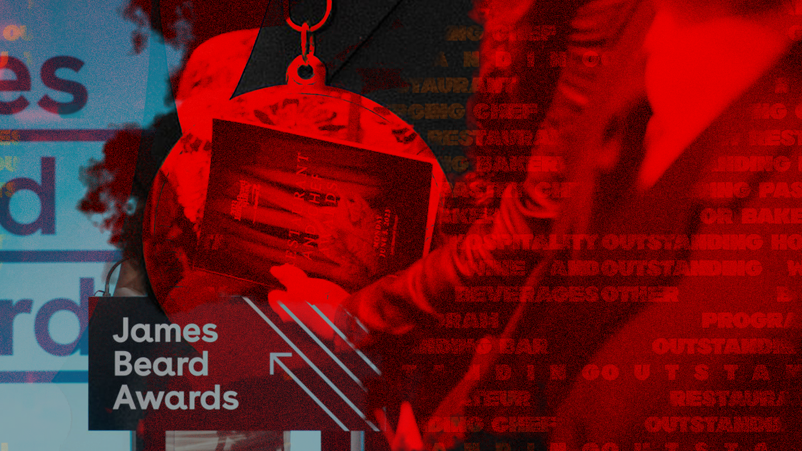 A composite image with the text “James Beard Awards” superimposed over a red and blue textured layout.