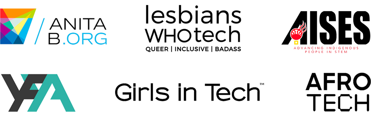 Afro Tech 徽标、YFYA 徽标、Lobises Who Tech 徽标、Girls in Tech 徽标、Anitab.org 徽标、美洲印第安人科学与工程学会徽标