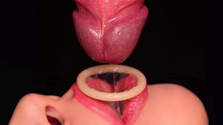 CLOSE UP: BEST Milking MOUTH made You CUM TWICE in CONDOM! Broke the CONDOM and Got All CUM! BLOWJOB