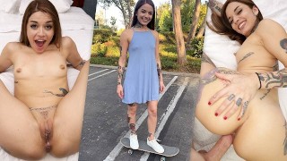 Chica skater tatuada Vanessa Vega en skateboarding y chorros en público