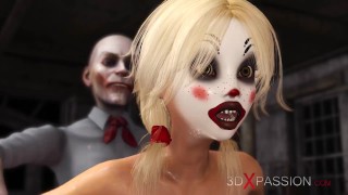 Joker bouchá drsně roztomilá sexy blondýnka v masce klauna v opuštěném pokoji