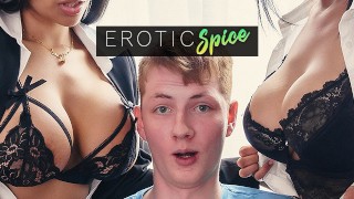 Ginger teen student ordered to office and fucked by his Latina teachers in creampie threesome