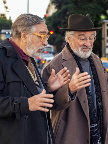 Actors Robert De Niro and Luis Brandoni perform during the filming of the series 